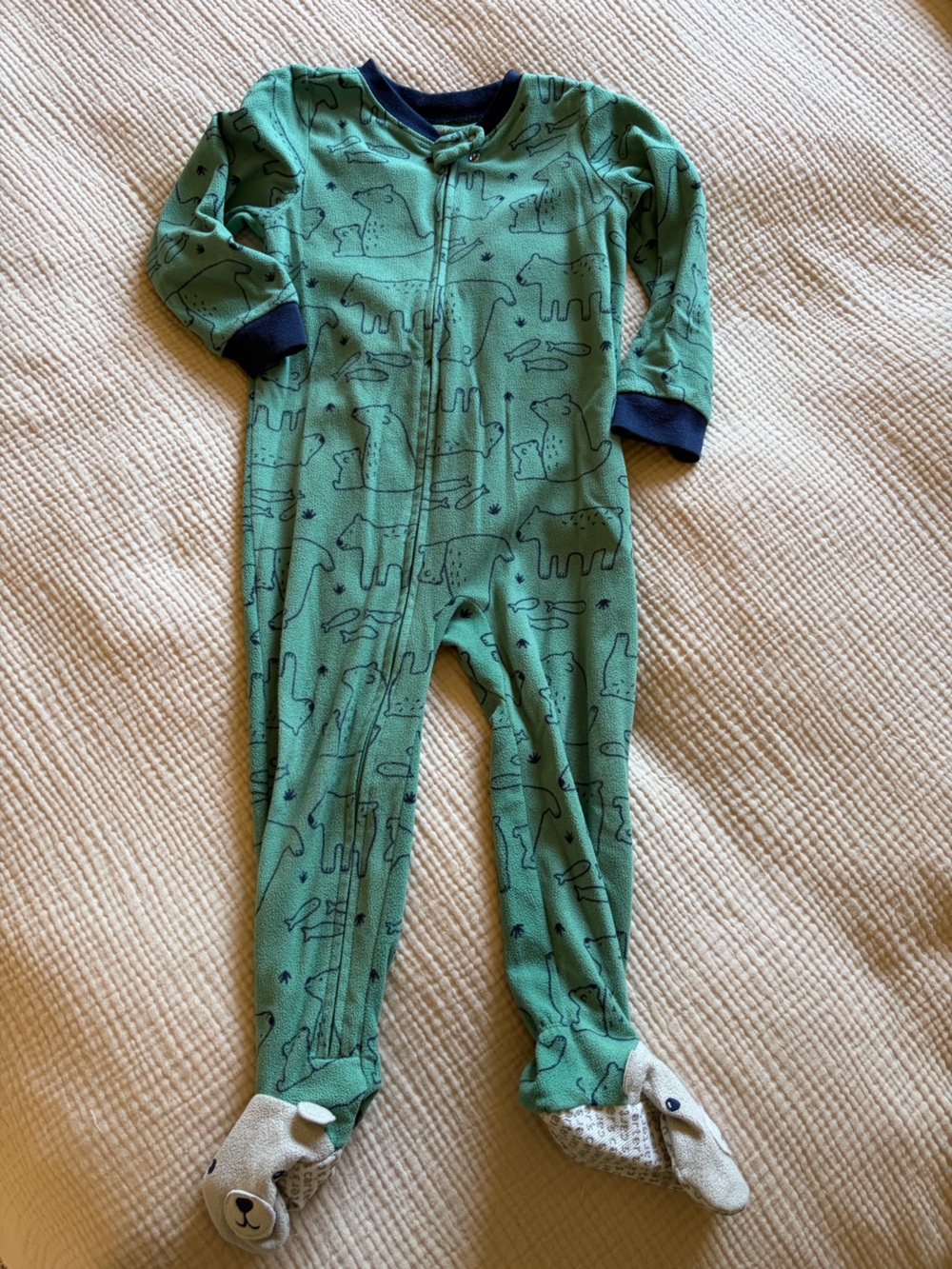 Carter's Green Bear Print Footed Pajamas with Navy Trim